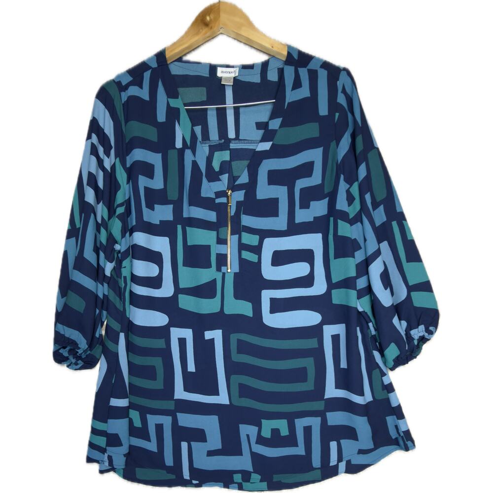 Avenue Meila Top Womens Plus Size 18 Navy Teal Geometric Zip Front Blouse blouse